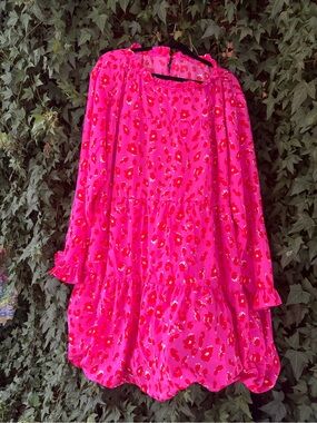 Bright Pink Leopard Print Long Sleeve Dress